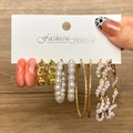 Set of 6 gold and pink acrylic butterfly earrings with pearl accents on a white display card - Pink Marble Texture Pearl Gold Style (HS0034-23)
