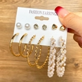 6-pair earring set featuring gold hoops, heart studs, and pearls on display card - Gold Pearl Heart Twist Style (HS0034-25)