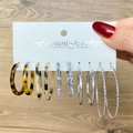 Set of 6 pairs of hoop earrings in assorted marble textures on a white display card - Silver Marble Hoop Style (HS0035-9)