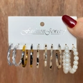 9-piece set of vintage C-shaped resin earrings in marble, tortoise, and pearl styles - Cow Print Artificial Pearl Style (HS0035-10)