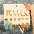 Set of 9 vintage C-shaped earrings with gold plating, pearls, and green resin accents - Emerald Green Wide Band Style (HS0035-14)