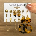9 pairs of vintage C-shaped gold earrings with heart and leopard print patterns - Star Moon Chain Style (HS0035-19)