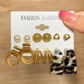 Set of 6 vintage gold earrings with leopard resin hoops and heart studs on display card - Black White Leopard Resin Style (HS0035-21)