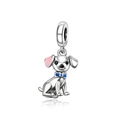 Polished S925 sterling silver puppy pendant with pink enamel ears and blue bow detail - Dog Style (CCT1322)