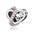 Silver heart charm bead with pink gemstones and LOVE engraving for DIY jewelry making - Pink Rhinestone Heart LOVE Style (CCT1110)