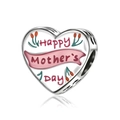 Silver heart charm with Happy Mother's Day pink ribbon and floral engraving - Happy Mother's Day Style (CCT1250)