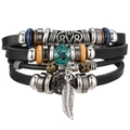 Bohemian multi-layer black leather bracelet with green gemstone and metal feather charm - Feather and Green Faceted Bead Style