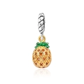 Detail of pineapple charm with gold metal, green enamel leaves and orange zircons - Pineapple