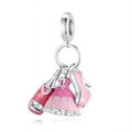 Pink wine bottle, dress and shoe charms set in S925 silver with heart stone - Wine Bottle Dress and High Heels Style (CYT074)