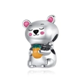 Cartoon silver bear charm with pink enamel ears holding an orange object for jewelry DIY - Cartoon Bear Style (CYT183)