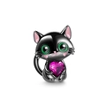 Charming black cat bead charm with green eyes and purple zircon heart for bracelets - Black Cat Style (PST752)