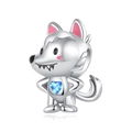 Silver wolf charm with blue heart gemstone, cute animal pendant jewelry for bracelets - Cartoon Wolf Style (CCT181)