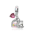 Detailed S925 silver charm with pink heart zircon and a puppy basket engraved with Love Pet - Pet Bag Style (CCT1207)