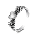 Vintage zilveren ring met hart en vleugels en verstelbare open ringband retro - Engelenvleugels Hart Stijl (HZS2368-25)