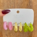 Three-pair earring set featuring pink resin, gold metal, and lime green C-shaped hoops - Pink Gold Lime Green (HS0032-4)
