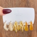 Three-pair set with beige marble resin, gold layered metal, and amber drop earrings - Beige Gold Amber (HS0032-6)