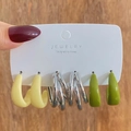 Trio of minimalist resin and metal hoop earrings in beige, silver, and green finishes - Cream Silver Grass Green (HS0032-7)