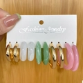Set of four geometric hoop earrings including gold metal and marble texture resin designs - Gold White Green Pink (HS0032-13)