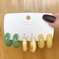 3-pair acetate and gold resin C-shape hoop earrings set in green and yellow - Green Gold Light Yellow (HS0032-15)