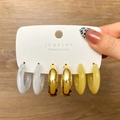 Three-pair earring set featuring marble resin, gold metal, and amber hoop designs - Gray Marble Gold Yellow (HS0032-18)