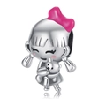 Polished silver girl charm with pink bow and teddy bear for DIY jewelry bracelets - Little Girl Holding Bear Style (CCT343)