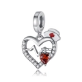 925 silver heart charm with nurse hat, EKG line and red gemstones for bracelets - Medical Nurse Heart Hat Charm (CYT393)