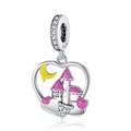 Silver heart charm with pink castle and yellow moon for DIY jewelry bracelets - Enamel Castle Heart Charm (CCT381)