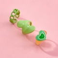 Three-piece ring set featuring green enamel heart design and chain style in gold finish - Light Green Chain And Heart Signet Style (33ZH-11580)