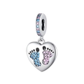Detailed silver heart charm featuring baby footprints with pink and blue zircon accents - Pink Blue Baby Feet Heart Charm (CYT365)