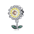 Nordic flower pendant with champagne center stone and green leaf charm in silver - Yellow Flower Design (CCT377)