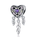 Macro detail of S925 sterling silver heart dreamcatcher charm with butterfly and colored stones - Butterfly Heart Dreamcatcher Design (CCT376)