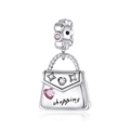 Macro shot of silver handbag charm with pink heart stone and shopping engraving - Pink Heart Handbag (DUT242)