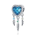 Macro shot of S925 sterling silver heart dreamcatcher charm with blue gem and feathers - Blue Heart Dreamcatcher Design (CYT355)