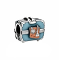Detail showing a blue enamel suitcase charm with a miniature brown handbag decoration - Sky Blue Enamel Suitcase (DUT294-E)