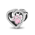 Close-up of heart-shaped silver charm with pink gemstone paw print and cubic zirconia - Heart Paw (DUT127)