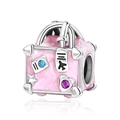 Detailed close-up of pink suitcase charm with silver finish and zircon accents for DIY bracelets - Pink Marble Pattern Suitcase (CCT616)