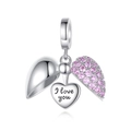 Close-up of silver heart locket charm with pink zircons and I love you engraving - Pink Heart Locket Style (PST792-10I)