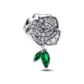 Macro detail of silver rose charm with sparkling white zircons and green gemstone leaves - Green Leaf Rose Style (CUT1294)