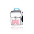 Detailed view of a silver backpack charm with blue accents and a pink bow decoration - Blue Backpack Style (CCT256)