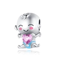 Macro detail of silver baby charm with pink heart zircon and blue enamel finish - Baby Heart Gemstone Style (CCT213)