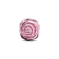 Detailed macro view of a 3D rose charm in silver finish with pink enamel for DIY bracelets - Pink Rose Style (CUT1296-A)
