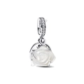 Silver-plated copper rose flower charm with sparkling zircons and white mother-of-pearl finish - White Shell Rose Style (CUT1297)