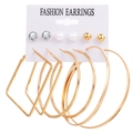 6-pair gold earring set with pearls and geometric hoops on a white card - Gold Rhinestone Pearl Rectangle Threaded Hoop Set (HS0037-19)
