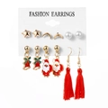 6-pair set of Christmas earrings with Santa, reindeer, bells, and tassels in gold alloy - Santa Moon Style (HS400-3)