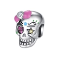 Detailed view of silver skull charm with pink enamel bow and colorful zircons - Pink Bow Heart Skull Style (CCT275)