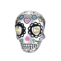 Macro detail of silver skull charm with colorful floral enamel and yellow heart gems - Colorful Heart Eyes Skull Style (CCT277)