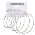 6-piece silver earring set featuring pearls, zircons and large textured hoop rings - Silver Zircon Pearl Spiral Large Hoop Set (HS0037-23)