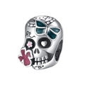 Detail of silver skull charm with turquoise bow and floral enamel patterns - Day of the Dead Bow Skull Style (CCT278)