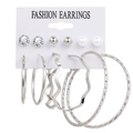 6-pair silver hoop and stud earring set with zircons, pearls and textured metal charms - Silver Zircon Pearl Embossed Large Hoop Set (HS0037-26)