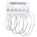 6-piece silver metal earring set featuring heart studs and large hoop earrings on card - Silver Heart Zircon Diamond Cut Large Hoop Set (HS0037-29)